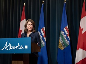 Alberta Premier Danielle Smith speaks at a press conference in McDougall Centre in Calgary on Monday, August 14, 2023.