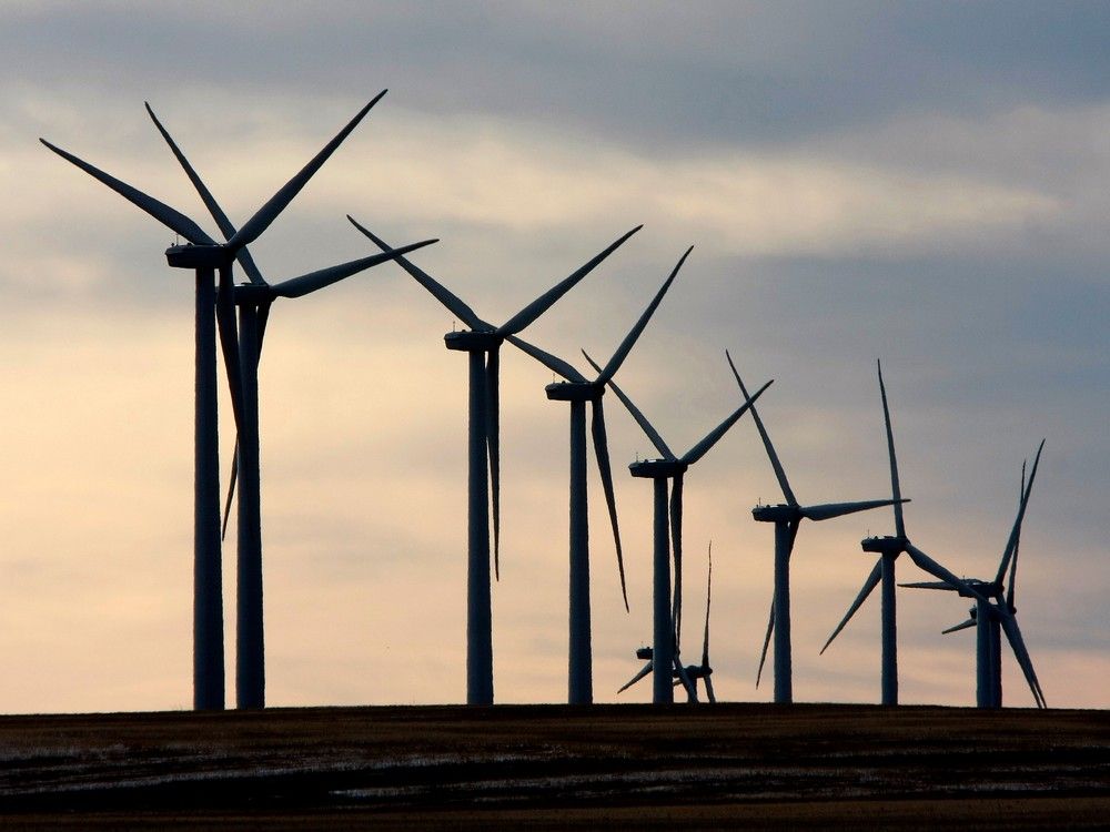Windmills on a windfarm near Lethbridge on Feb. 29, 2008.