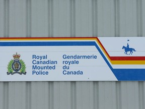 Signage is shown on the exterior of the RCMP detachment in Chestermere, east of Calgary.