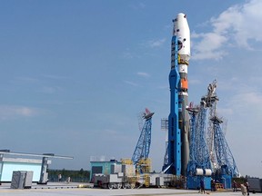 A Soyuz rocket with the Luna 25 lander is seen mounted on the launch pad ahead of its launch scheduled for Aug. 11, 2023, at the Vostochny Cosmodrome.