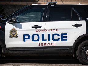 Edmonton Police Service car in Edmonton on Tuesday, Aug 1, 2023. Police say they are investigating after a body was found in a burning vehicle in northeastern Edmonton.