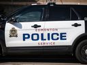 Edmonton Police Service car in Edmonton Alberta on Tuesday Aug 1, 2023. Police in Edmonton say after authorities withdrew a permit for an Eritrean event due to safety concerns, an altercation broke out at another site and multiple people were injured.