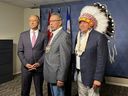 Edmonton Mayor Amarjeet Sohi, left, signed a letter of intent along with Grand Chief Leonard Standingontheroad of the Confederacy of Treaty Six First Nations (middle) and Chief Randy Ermineskin of Ermineskin Cree Nation (right) to support more Indigenous-led housing at city hall Tuesday, Aug. 22, 2023.