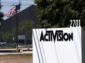 FILE - A sign outside the Activision building in Santa Monica, Calif., June 21, 2023. Microsoft revamped its bid to buy video game maker Activision Blizzard on Tuesday Aug. 22, 2023, to appease British competition regulators, who are the last major hurdle to closing one of the biggest deals in tech history.
