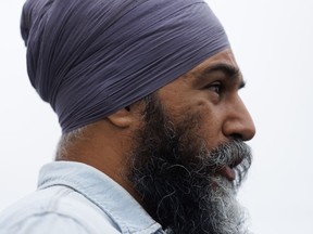The federal New Democrats are eying Alberta's urban-rural divide as a way to flip blue seats in the next federal election. Federal NDP leader Jagmeet Singh speaks to reporters at a Metro grocery store picket line in Toronto, Saturday, July 29, 2023.