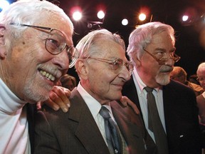 FILE - Lore Noto, the original producer of the off-Broadway musical "The Fantasticks," is flanked by the plays authors Tom Jones, left, and Harvey Schmidt, Sunday, Jan. 13, 2002, at the tiny Sullivan Street Playhouse in New York's Greenwich Village. Jones, the lyricist, director and writer of "The Fantasticks," the longest running musical in history, which made its 1960 debut when Dwight D. Eisenhower was still president and closed in 2017, died Friday, Aug. 11, 2023. He was 95.