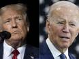 This combination of photos shows former President Donald Trump, left, and President Joe Biden, right.