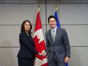 Prime Minister Justin Trudeau meets with Alberta Premier Danielle Smith in Ottawa on Tuesday, Feb. 7, 2023.