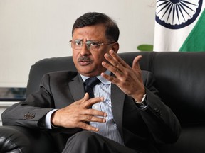 High Commissioner of India to Canada Sanjay Kumar Verma speaks to reporters during an interview in Ottawa on Aug. 31, 2023.
