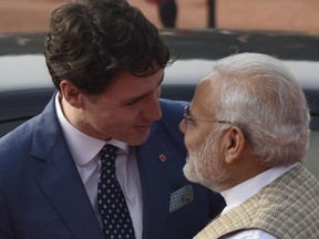 FILE: Canadian Prime Minister Justin Trudeau with PM Narendra Modi at the ceremonial reception at Rashtrapati Bhawan on February 23, 2018 in New Delhi, India.