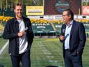 Connor McDavid and NHL head of events and entertainment Steve Mayer talk on Wednesday, Sept. 6, 2023, about the Heritage Classic between the Edmonton Oilers and Calgary Flames coming to Commonwealth Stadium on Oct. 29.