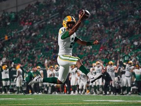 Edmonton Elks quarterback Tre Ford (2) scores a touchdown against the Saskatchewan Roughriders during the second half of CFL football action in Regina, on Friday, September 15, 2023. Ford has the Edmonton Elks on another home streak. Edmonton (4-10) will chase a third consecutive victory at Commonwealth Stadium on Friday night when it hosts the B.C. Lions (9-4).