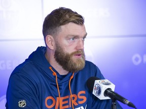 Edmonton Oilers' Mattias Ekholm speaks at a pre-season press conference.