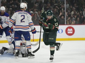 Minnesota Wild forward Marco Rossi celebrates after scoring against the Edmonton Oilers.