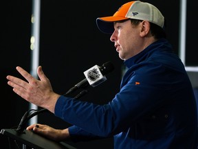 Edmonton Oilers' head coach Jay Woodcroft speaks to the media ahead of the start of the team's NHL playoff series against the Los Angeles Kings in Edmonton on April 16, 2023.