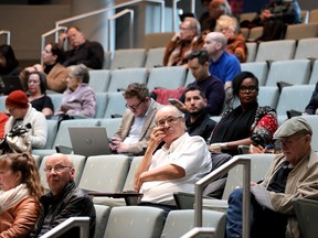 Edmontonians take part in the first day of public hearings on potential changes to zoning bylaws at Edmonton city hall on Monday, Oct. 16, 2023.