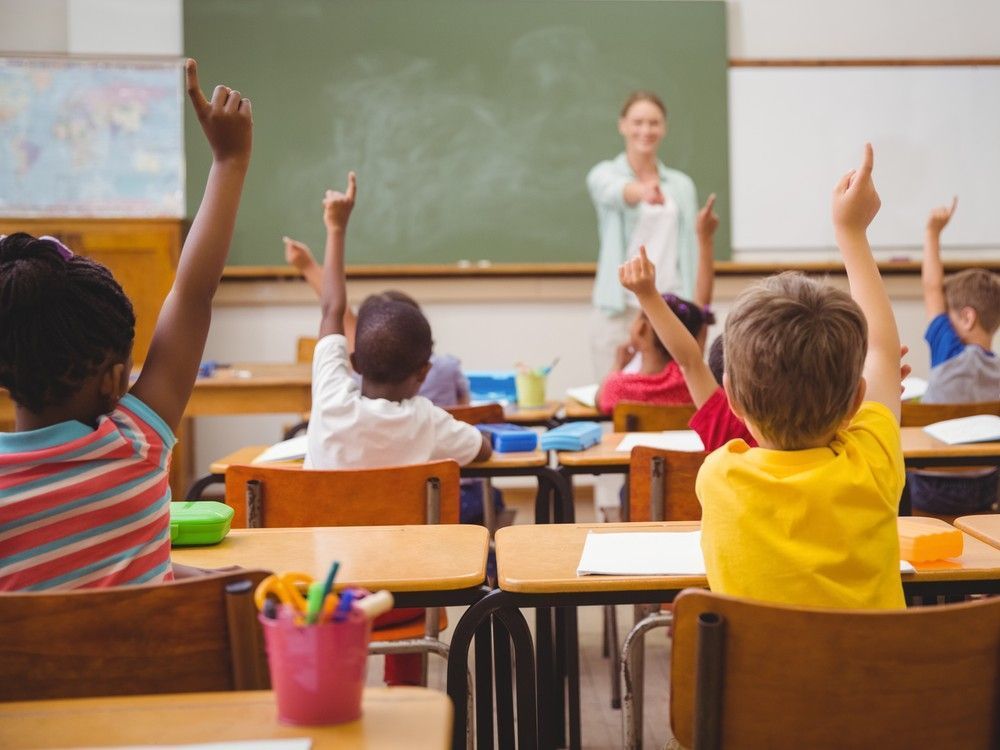 Pupils raise their hands during class in an elementary school
stock photo.