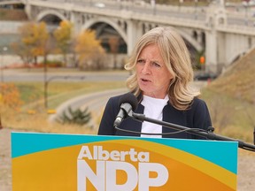 Alberta NDP Leader Rachel Notley in Calgary during a press conference on Tuesday, October 10, 2023.