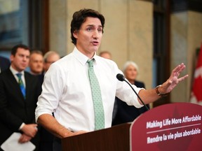 Prime Minister Justin Trudeau speaks about the carbon tax rebate during a news conference in Ottawa on Thursday Oct. 26, 2023.