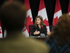 Deputy Prime Minister and Minister of Finance Chrystia Freeland holds a press conference in Ottawa on Tuesday, Oct. 31, 2023.