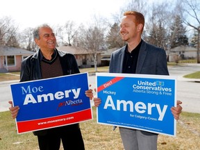 Former PC MLA Moe Amery with his son, UCP MLA, Mickey Amery in Calgary on Thursday, April 18, 2019.