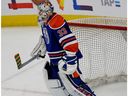 Edmonton Oilers goalie Cam Talbot had his stick wrapped in Pride tape during the warm up prior to the game against the Arizona Coyotes in Edmonton on Feb. 14, 2017.