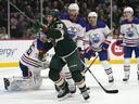 Minnesota Wild right wing Ryan Hartman (38) celebrates his goal against the Edmonton Oilers during the first period of an NHL hockey game Tuesday, Oct. 24, 2023, in St. Paul, Minn.