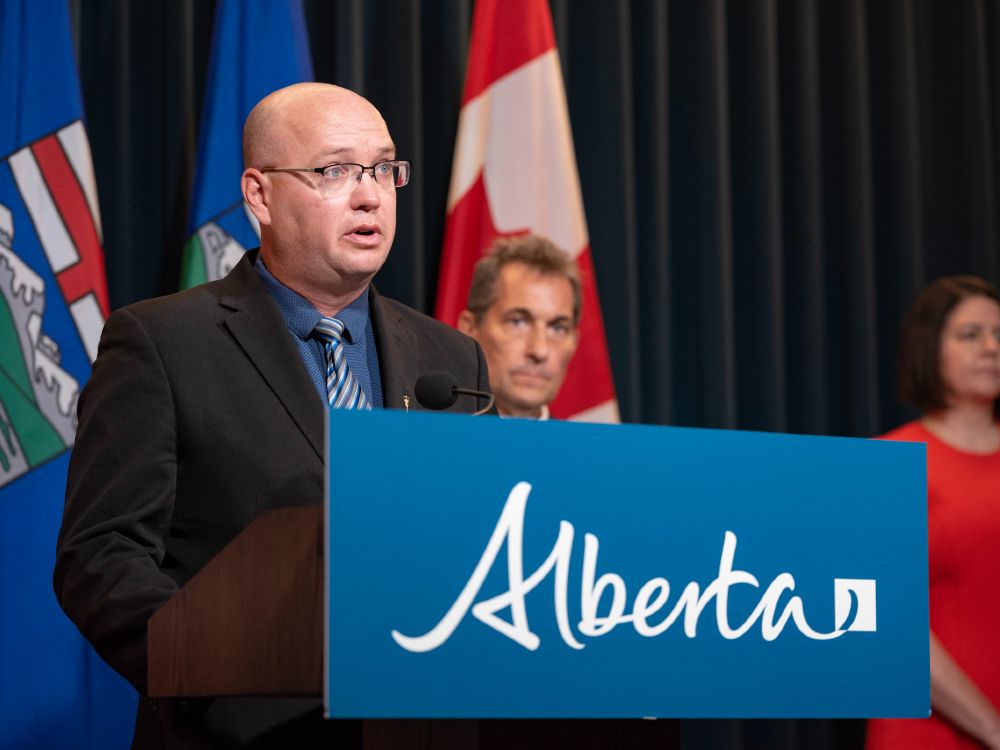 Alberta minister of children and family services Searle Turton speaks at a press conference regarding the E. coli outbreak in Calgary daycare centres at McDougall Centre on Tuesday, September 12, 2023. 