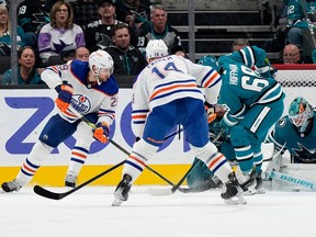 Goal keeper Mackenzie Blackwood #29 of the San Jose Sharks blocks the shot of Leon Draisaitl #29 of the Edmonton Oilers