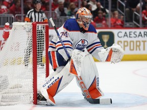 Goalie Stuart Skinner #74 of the Edmonton Oilers tends the net