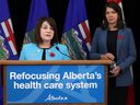 Minister of Health Adriana LaGrange and Premier Danielle Smith outline how the province plans to refocus the health care system, during a press conference in Edmonton, Wednesday Nov. 8, 2023. 