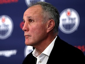 Paul Coffey takes part in a news conference where he was named the Edmonton Oilers' new assistant coach in Edmonton on Sunday, Nov. 12, 2023.