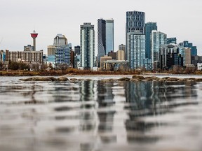 The downtown Calgary skyline was photographed from St. Patrick's Island in the Bow River on Tuesday, November 7, 2023.