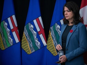 Alberta Premier Danielle Smith is shown during a news conference in Edmonton on Wednesday, Nov. 8, 2023. Alberta's Opposition leader is calling on Smith to dump the province's multimillion-dollar ad campaign touting the benefits of quitting the Canada Pension Plan.