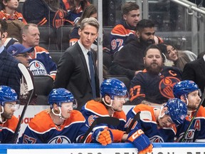 Edmonton Oilers new coach Kris Knoblauch on the bench against the New York Islanders during first period NHL action in Edmonton on Monday, Nov. 13, 2023.