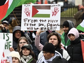 A person holds up a sign during a pro-Palestinian rally in Montreal, Sunday, Nov. 12, 2023.