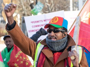 A few hundred members of the Eritrean community rallied in front of city hall on Wednesday, Nov. 29, 2023, asking for an investigation into an attack on an Eritrean festival this past summer from a rival group.