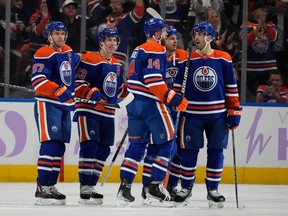 Edmonton Oilers celebrate Mattias Janmark's goal