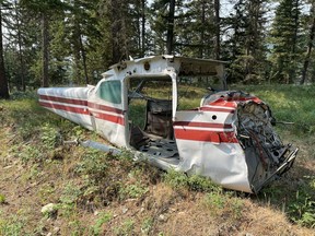 Plane wreckage that made headlines this week when officials announced a hunter had stumbled on what police thought was a decades-old crash site in the B.C. Interior was actually placed there deliberately for training purposes. The wreckage is seen in a handout photo taken north of Kamloops, B.C.