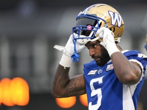 Winnipeg Blue Bombers defensive end Willie Jefferson (5) looks on during practice ahead of the 110th CFL Grey Cup against the Montreal Alouettes in Hamilton, Ont., Friday, Nov. 17, 2023. Jefferson believes that he and the Blue Bombers' defensive front can win the Grey Cup in the game's first quarter.