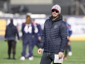 Montreal Alouettes' head coach Jason Maas takes part in a walkthrough in Hamilton, Ont., on Saturday, Nov. 18, 2023. The Alouettes will take on the Winnipeg Blue Bombers in the 110th CFL Grey Cup on Sunday.