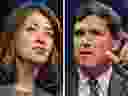 Composite image of Alberta Premier Danielle Smith and American right-wing political commentator Tucker Carlson.