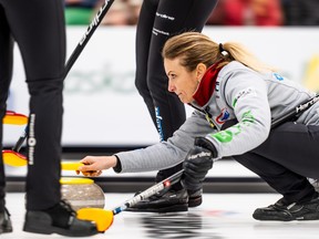 Skip Silvana Tirinzoni throws a rock as she takes on Rachel Homan’s side in the WFG Masters Grand Slam of Curling Women’s Final