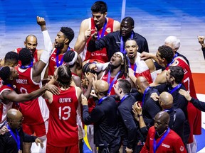 Canadian team celebrates after winning the FIBA Basketball World Cup 3rd Place game between USA and Canada at Mall of Asia Arena on September 10, 2023 in Manila, Philippines.