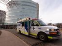 An Alberta Health Services emergency medical services ambulance is seen near the University of Alberta Hospital in Edmonton on March 22, 2022. 