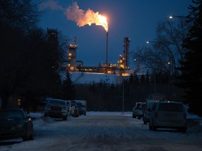 Flaring at the Imperial Oil, Canada Fuels Operations Aviation Terminal, 3014 101 Avenue is visible from a neighbourhood in east Edmonton, Monday Jan. 30, 2023.