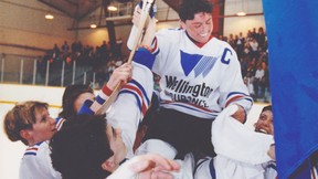 Chimos captain Shirley Cameron is lifted onto the shoulders of her teammates as they celebrate their victory in the 1992 Esso Women's National Championships in Edmonton's Jasper Place Arena. It was the last game of Cameron's 20-year career with the team. Credit: John Lucas, Edmonton Journal