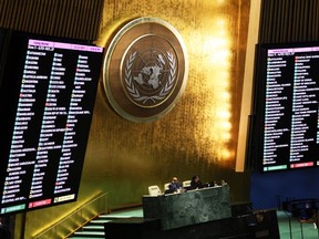 The results of a draft resolution vote are seen on a screen as the UN General Assembly holds an emergency special session on the Israel-Hamas war at the United Nations headquarters on Dec. 12, 2023 in New York City.