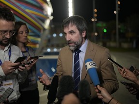 Steven Guilbeault, Canada environment and climate minister, speaks to members of the media at the COP28 U.N. Climate Summit, Tuesday, Dec. 12, 2023, in Dubai, United Arab Emirates.&ampnbsp;Guilbeault&ampnbsp;is hailing what he called the "monumental" outcome of the United Nations climate summit.
