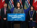 Alberta Medical Association president Dr. Paul Parks, left, Premier Danielle Smith and Health Minister Adriana LaGrange provided an update on the status of ongoing joint work to stabilize primary health care in Alberta at the McDougall Centre in Calgary on Thursday, Dec. 21, 2023. 